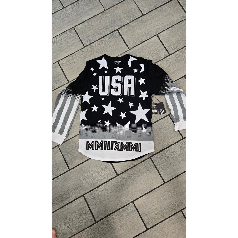 Contender Mens USA Stars Graphic Long Sleeve Shirt Black White Side Zip 3XL NEW